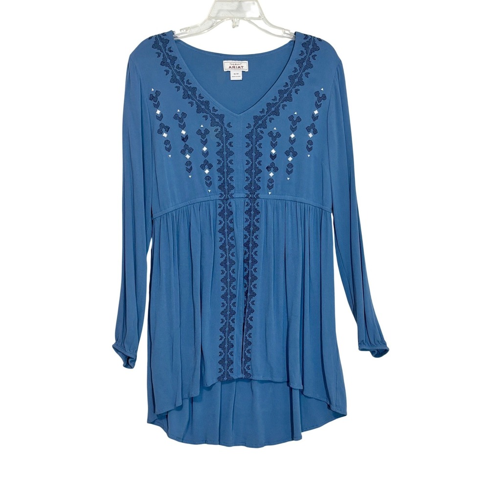 Ariat Womens Blue Embroidered Studded Empire Waist High Low Tunic Top‎ Medium